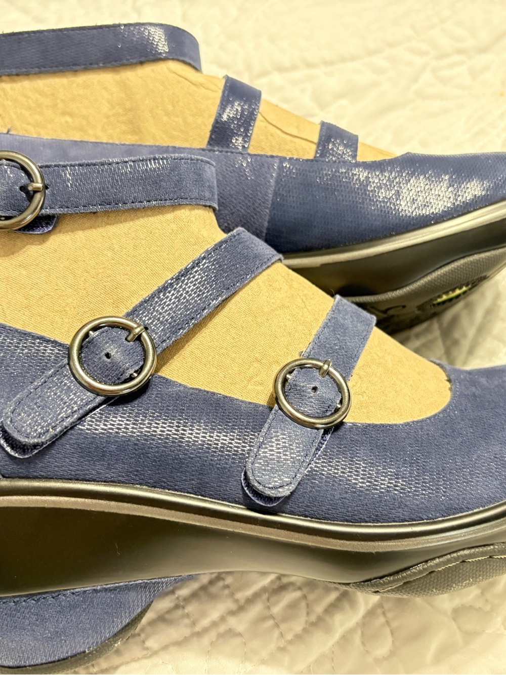 New in Box! Jambu Navy Shimmer Triple-Strap Mary Jane Wedge Heels - Picture 7 of 17